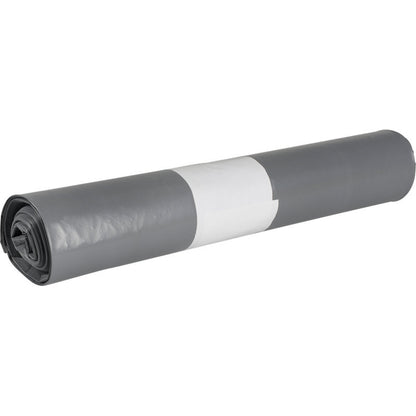 Een rol grijze Abena Re-Seller GmbH afvalzakken voor Sækko Boy 120, 55 my LDPE Recycled vuilniszakken is voorzien van een wit etiket en biedt een milieuvriendelijke oplossing voor afvalverwerking.