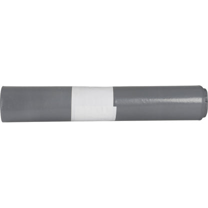 Een opgerolde grijze plastic afvalzak met wit etiket staat op een eenvoudige witte achtergrond. De afvalzakken voor Sækko Boy 120 (55 my LDPE gerecycled) van Abena Re-Seller GmbH zijn ideaal voor duurzame afvalverwerking.