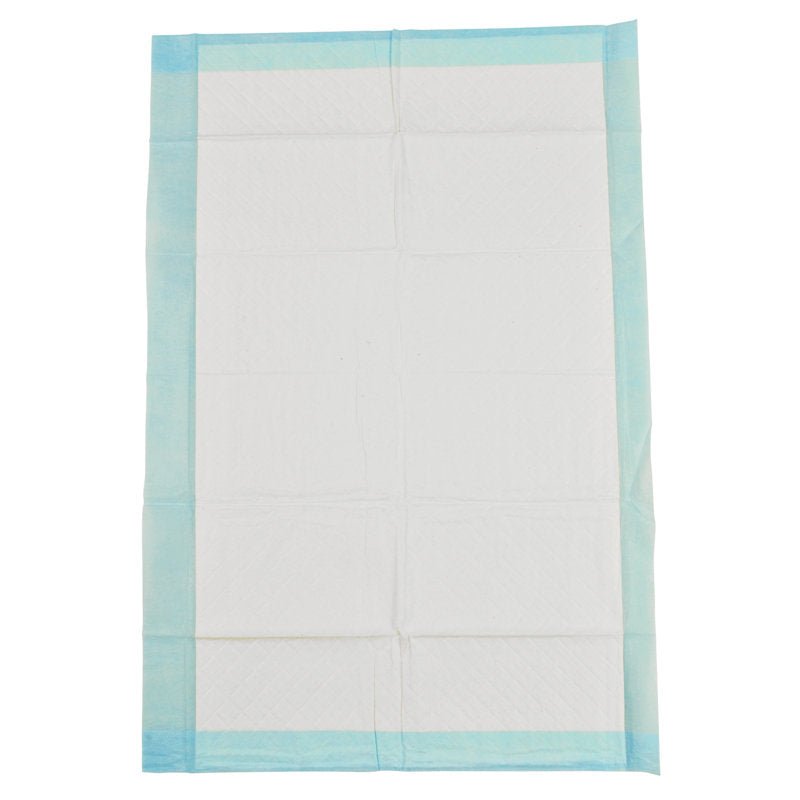 Een rechthoekige Abena wegwerp-onderlegger, 6-laags, 40x60 cm, wit met blauwe rand, ligt plat op een neutrale achtergrond; het oppervlak vertoont subtiele vouwlijnen en een gestikte structuur. Verpakking met 25 stuks van Abena Re-Seller GmbH.