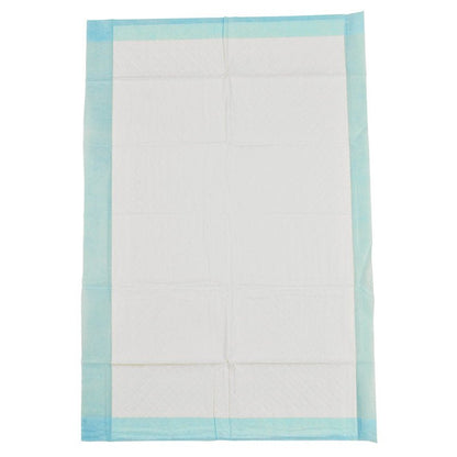 Een rechthoekige Abena wegwerp-onderlegger, 6-laags, 40x60 cm, wit met blauwe rand, ligt plat op een neutrale achtergrond; het oppervlak vertoont subtiele vouwlijnen en een gestikte structuur. Verpakking met 25 stuks van Abena Re-Seller GmbH.