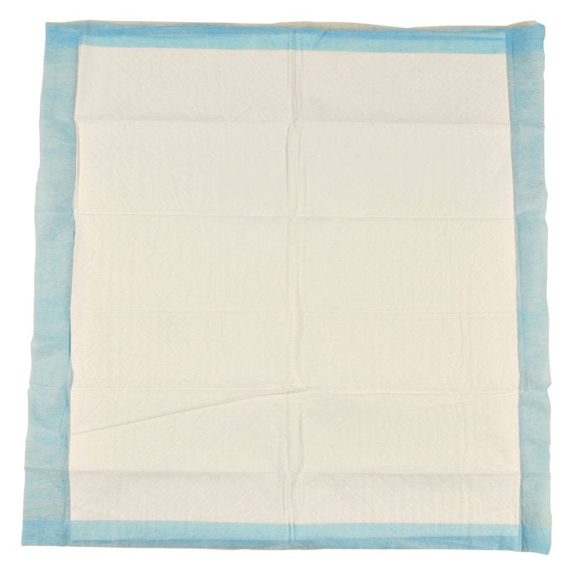 Een 6-laagse, 60x60 cm grote ABENA Tissue wegwerponderlegger van Abena Re-Seller GmbH met blauwe rand en witte midden is plat afgebeeld en vertoont zichtbare vouwen; deze wordt verkocht in verpakkingen van 25 stuks.