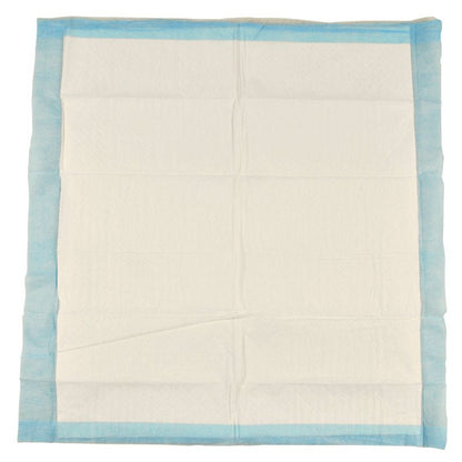 Een 6-laagse, 60x60 cm grote ABENA Tissue wegwerponderlegger van Abena Re-Seller GmbH met blauwe rand en witte midden is plat afgebeeld en vertoont zichtbare vouwen; deze wordt verkocht in verpakkingen van 25 stuks.