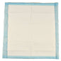 Een 6-laagse, 60x60 cm grote ABENA Tissue wegwerponderlegger van Abena Re-Seller GmbH met blauwe rand en witte midden is plat afgebeeld en vertoont zichtbare vouwen; deze wordt verkocht in verpakkingen van 25 stuks.