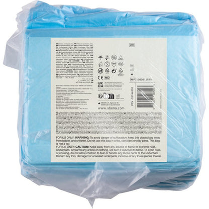 Een doorzichtige kunststofverpakking van Abena Re-Seller GmbH bevat 25 blauwe, 6-laagse ABENA Tissue wegwerponderleggers, 60x60 cm. Het achteretiket toont productinformatie, symbolen, barcode en meertalige waarschuwingen.
