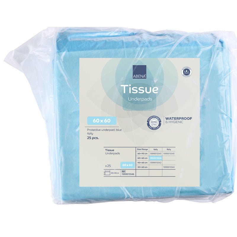 Een verpakking met 25 ABENA Tissue wegwerponderleggers, 6-laags, 60x60 cm, blauw van Abena Re-Seller GmbH. De waterdichte en hygiënische inleggers worden geleverd in een doorzichtige verpakking waarop alle productgegevens en specificaties op het etiket zijn vermeld.