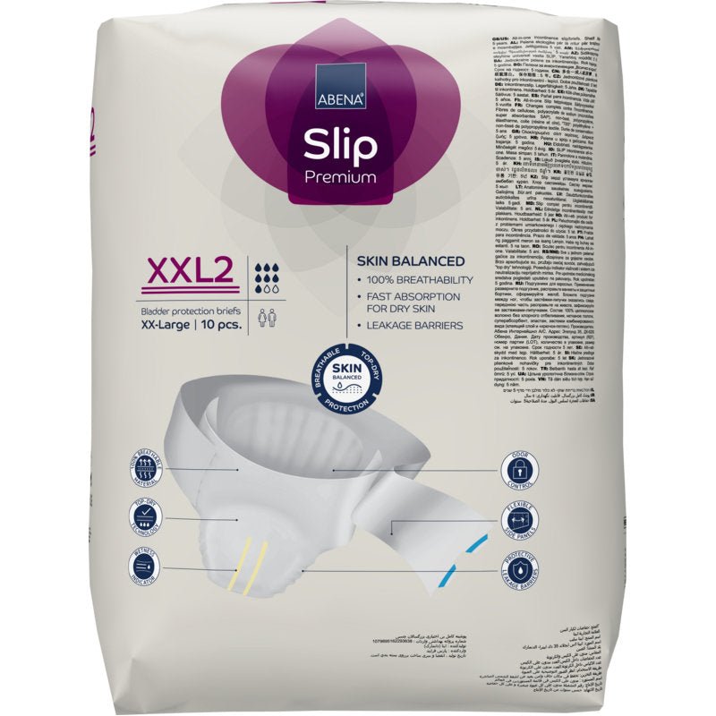 Een 10-pack ABENA Slip Premium blaasbeschermingsslips van Abena Re-Seller GmbH, maat XXL2, biedt huidbalans en lekbescherming - ideaal voor betrouwbare incontinentiezorg.