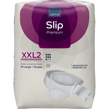 Een 10-pack ABENA Slip Premium van Abena Re-Seller GmbH, maat XXL2, voor extra grote of bariatrische behoeften; de verpakking toont het beeld van de slip en benadrukt zijn geschiktheid voor grote maten.