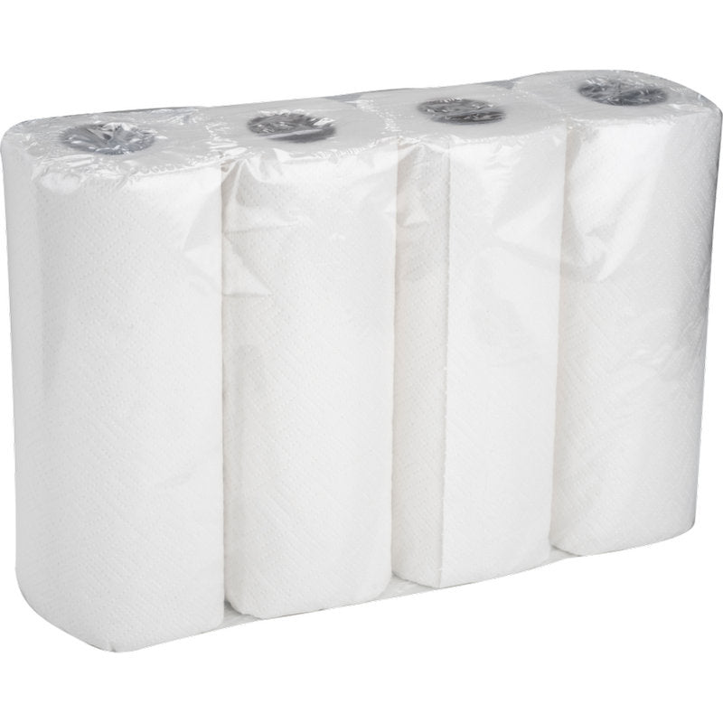 Een doos van Abena Re-Seller GmbH bevat 8 pakken keukenrollen met elk vier 2-laagse witte rollen (26 cm x 14 m), absorberend en verpakt in transparante folie.
