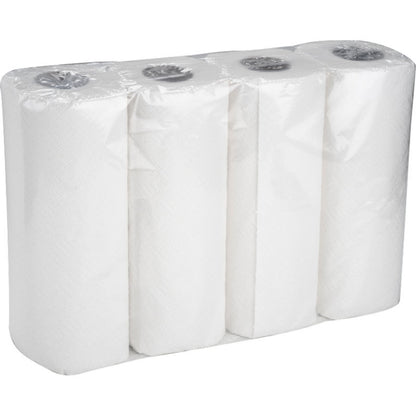 Een doos van Abena Re-Seller GmbH bevat 8 pakken keukenrollen met elk vier 2-laagse witte rollen (26 cm x 14 m), absorberend en verpakt in transparante folie.