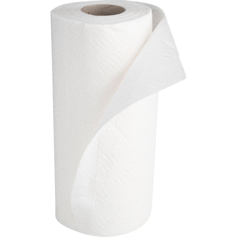 Een keukenrol van Abena Re-Seller GmbH (2-laags, 26 cm x 14 m, Wit) staat met een gedeeltelijk afgerold vel op een witte achtergrond. Verpakkingsunit: doos met 8 pakken.
