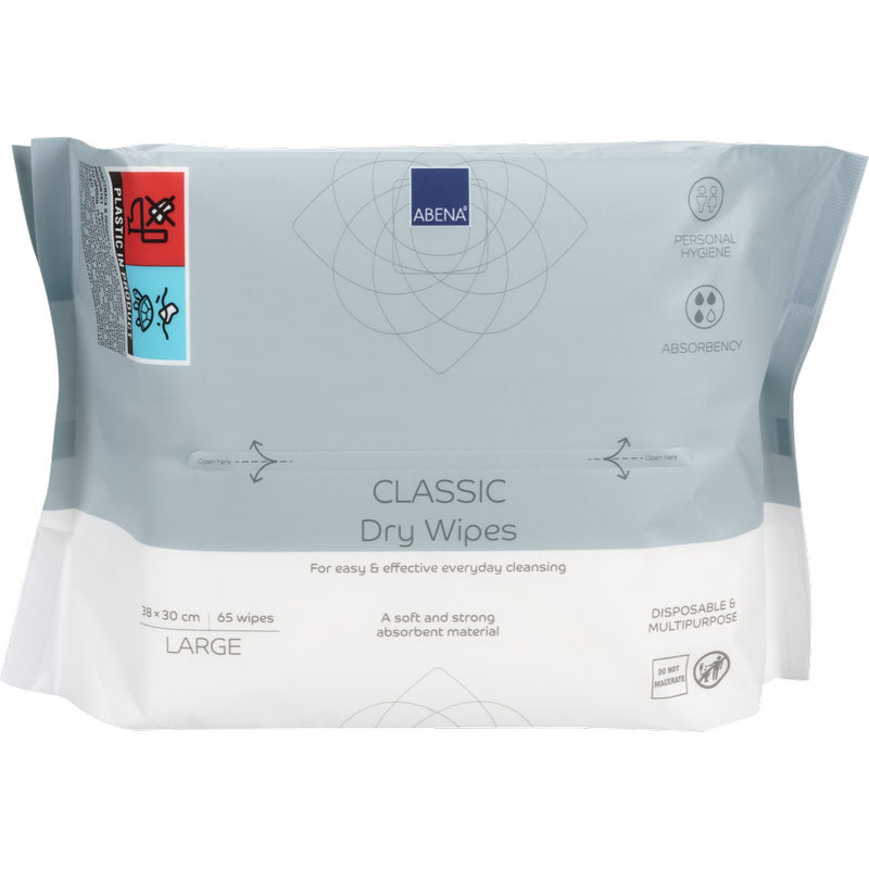 Een verpakking met 65 Abena Classic wegwerp-wasdoekjes, wit, elk 30x38 cm, van Abena Re-Seller GmbH. Kenmerkt zich door hygiënische reiniging, sterke absorptie en veelzijdig eenmalig gebruik voor de lichaamsverzorging.