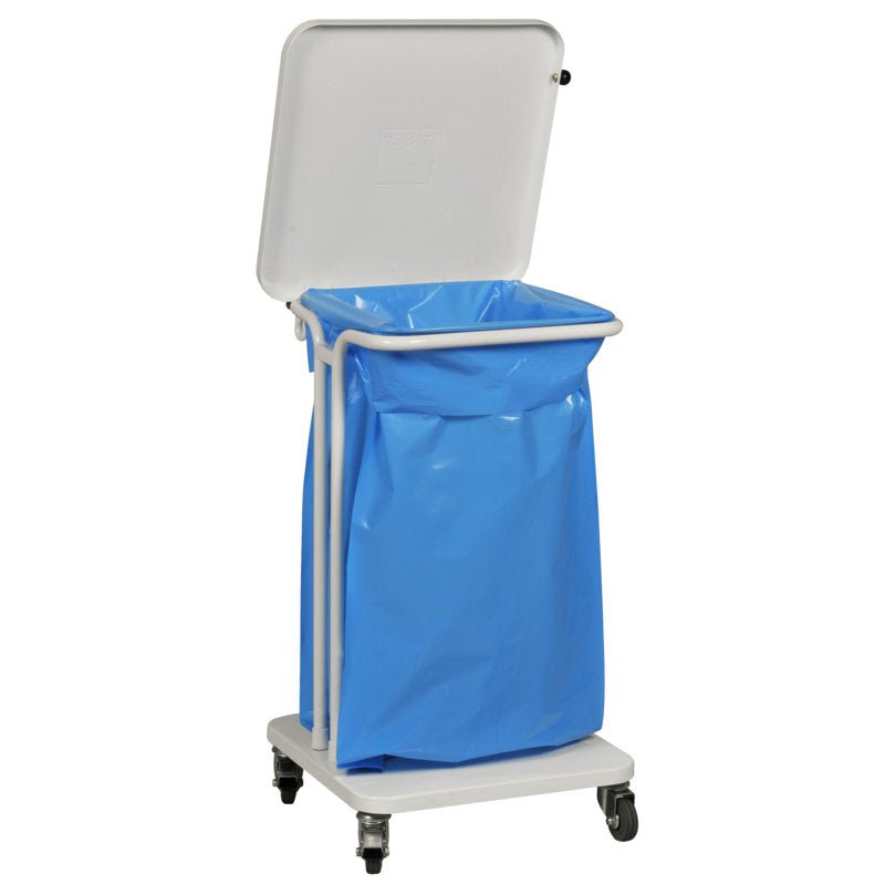 Een Sækko Boy 40 afvalcontainer, met deksel in wit van Abena Re-Seller GmbH staat op vier wielen en bevat een grote blauwe kunststof binnentas.