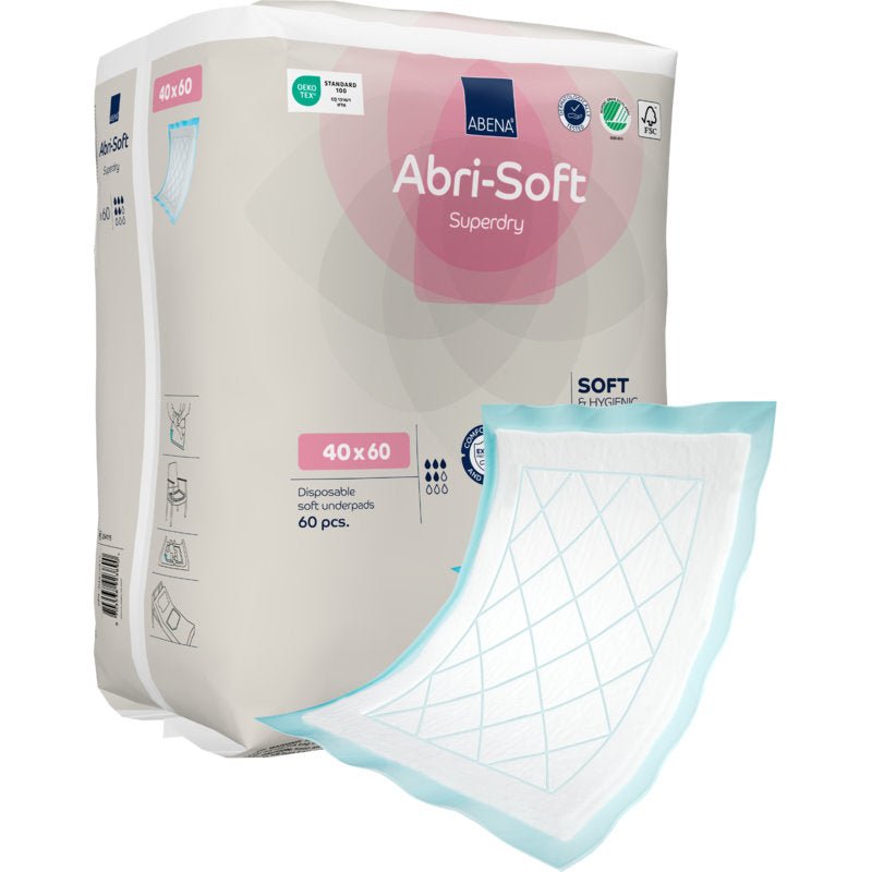 Een pak van de Abena Re-Seller GmbH wegwerp-onderlegger, Abri-Soft Superdry, Blauw, 40x60 cm, 60 stuks - ideaal voor zorginstellingen. Een onderlegger met een wit absorptieoppervlak en blauwe randen is buiten de verpakking zichtbaar.