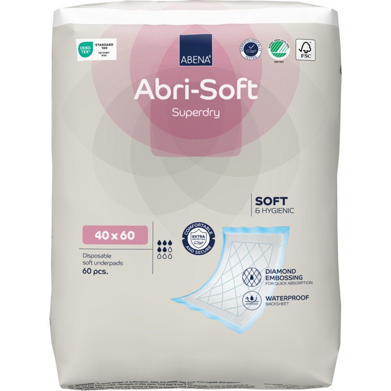 Een pak met 60 Abena Re-Seller GmbH wegwerp-onderleggers, Abri-Soft Superdry, Blauw (40 x 60 cm). Perfect voor zorginstellingen, ze onderscheiden zich door zachtheid, hygiëne, ruitpatroon en een waterdichte onderkant.