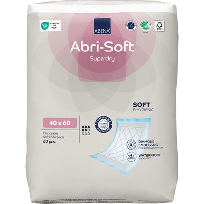 Een pak met 60 Abena Re-Seller GmbH wegwerp-onderleggers, Abri-Soft Superdry, Blauw (40 x 60 cm). Perfect voor zorginstellingen, ze onderscheiden zich door zachtheid, hygiëne, ruitpatroon en een waterdichte onderkant.
