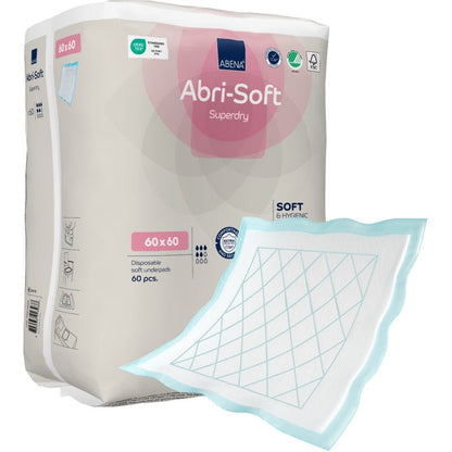 Een pakket met het opschrift "Wegwerp-onderlegger, Abri-Soft Superdry, Blauw" van Abena Re-Seller GmbH (60 x 60 cm, 60 stuks) wordt getoond. Een incontinentie-onderlegger met blauwe rand en ruitpatroon ligt buiten het pakket.