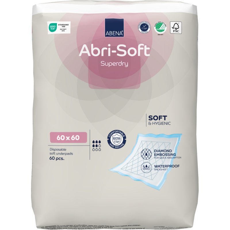 Een 60-delige verpakking Abena Re-Seller GmbH wegwerp-onderlegger, Abri-Soft Superdry, Blauw (60 x 60 cm) biedt zachtheid, hygiëne, een waterdichte laag en een ruitpatroon - ideaal als incontinentie-inlegger.
