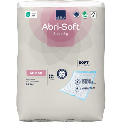 Een 60-delige verpakking Abena Re-Seller GmbH wegwerp-onderlegger, Abri-Soft Superdry, Blauw (60 x 60 cm) biedt zachtheid, hygiëne, een waterdichte laag en een ruitpatroon - ideaal als incontinentie-inlegger.
