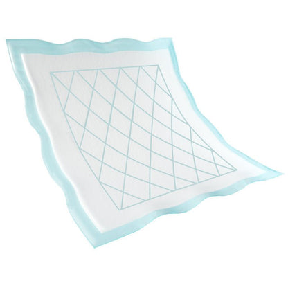 De wegwerp-onderlegger, Abri-Soft Superdry, Blauw van Abena Re-Seller GmbH is een rechthoekige absorptie-inlegger met een wit midden, lichtblauwe rand en lichtblauw kruispatroon, afgebeeld op een witte achtergrond.