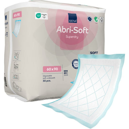 Afgebeeld is een pak van de Abena Re-Seller GmbH wegwerp-onderlegger, Abri-Soft Superdry, Blauw (60x90 cm) met een enkele rechthoekige onderlegger die aan de voorkant een blauwe rand heeft; de verpakking bevat 30 stuks.