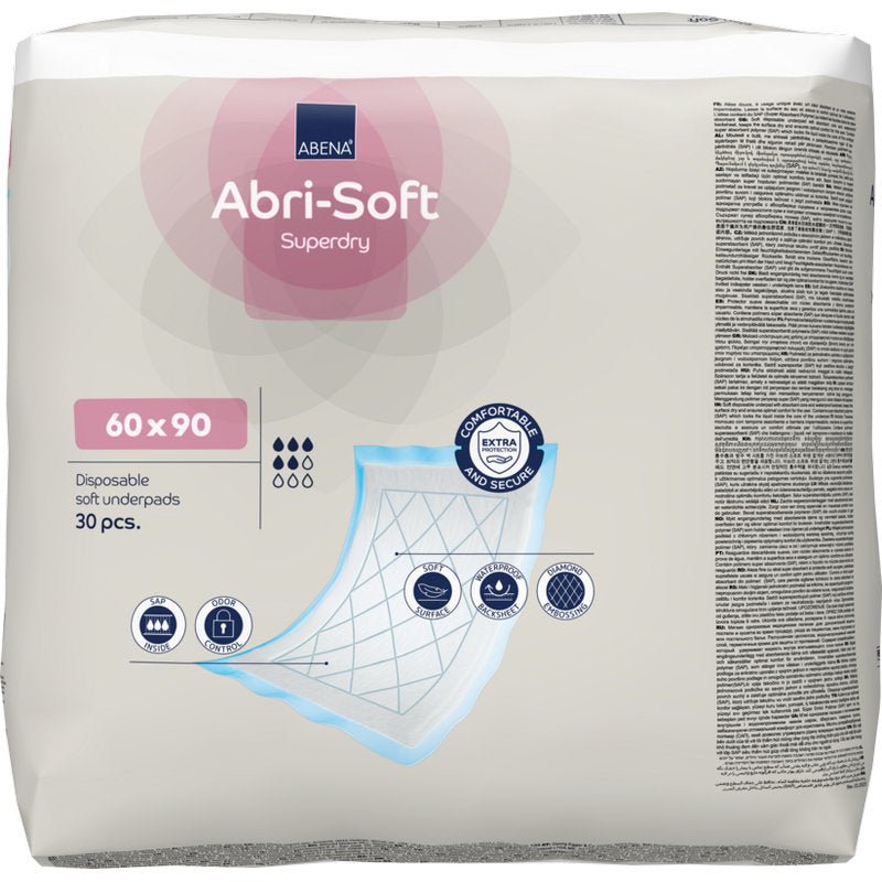 Een verpakking met 30 stuks Abena Re-Seller GmbH wegwerp-onderlegger, Abri-Soft Superdry, Blauw (60 x 90 cm) bevat een geïllustreerde verpakking met de productkenmerken en een schema van de lagen van de onderlegger.