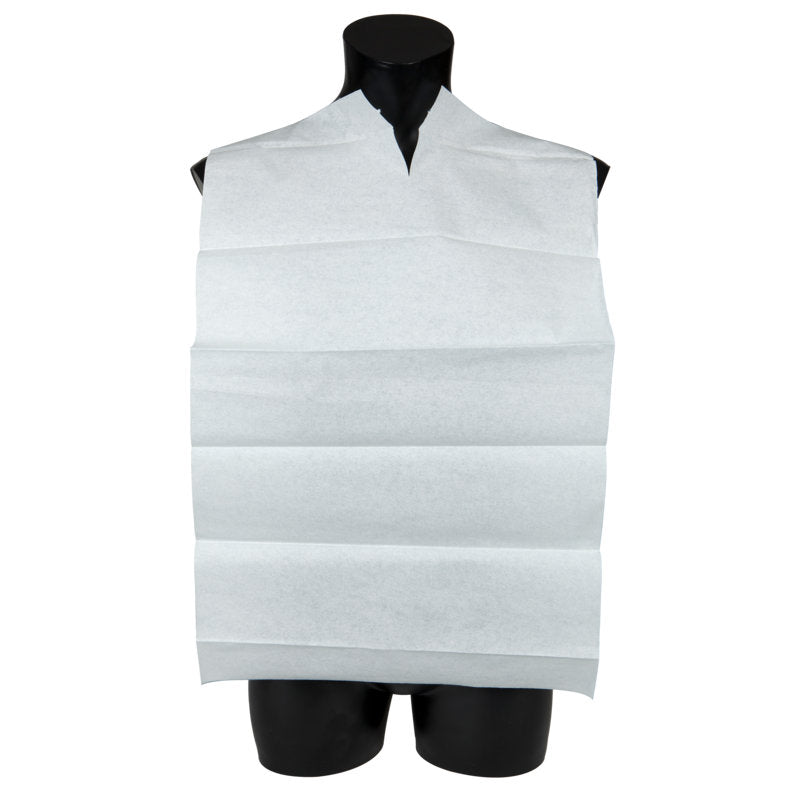 Een wit eetservet wegwerp Blauw/Wit z.Tas (38x70 cm) van Abena Re-Seller GmbH bedekt de borst en schouders van een zwarte etalagepop-torso en heeft een halsuitsparing voor een veilige pasvorm. Verpakking: 100 stuks.