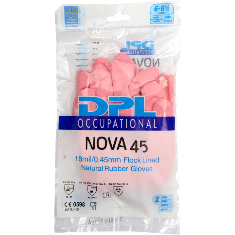 Een doorzichtige plastic verpakking bevat roze Abena Re-Seller GmbH huishoudhandschoenen latex, met certificeringssymbolen en maat 6-6½.