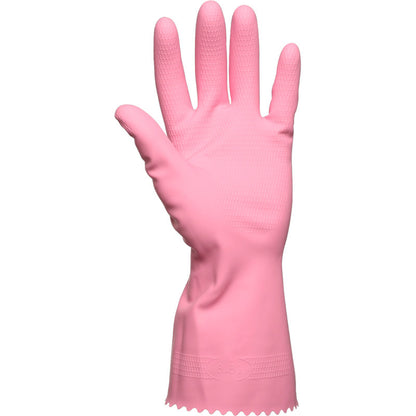 Een enkele Abena Re-Seller GmbH huishoudhandschoen latex, roze is rechtop afgebeeld met de handpalm naar voren. Hij heeft een gestructureerd oppervlak op vingers en handpalm en een geribbelde manchet bij de pols.