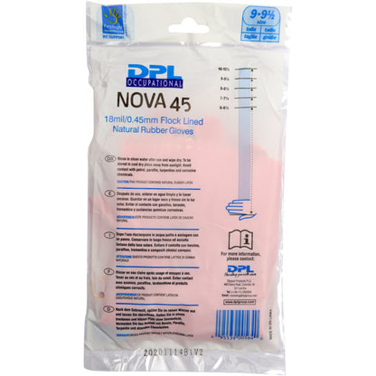 Een doorzichtige plastic verpakking bevat Abena Re-Seller GmbH huishoudhandschoenen latex, roze. Op de verpakking staan maat, 18mil/0,45mm dikte, flockvoering, gebruiks- en onderhoudsinstructies vermeld. De roze handschoenen zijn binnenin zichtbaar.