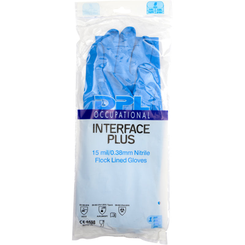 Een doorzichtige kunststofverpakking bevat een paar blauwe huishoudhandschoenen van nitril van de Abena Re-Seller GmbH met de opdruk "Nitril, Blauw". Aan de onderkant van de verpakking bevinden zich certificeringssymbolen.