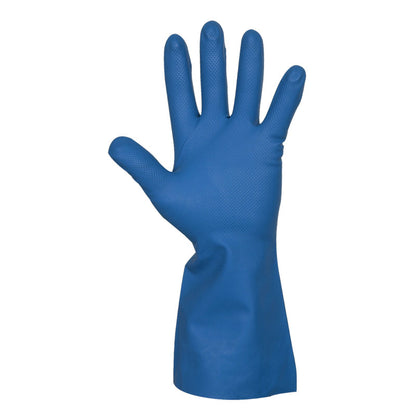 Een blauwe huishoudhandschoen van nitril van Abena Re-Seller GmbH is rechtop te zien met gespreide vingers en naar voren gerichte handpalm. De latexvrije handschoen heeft een gestructureerd oppervlak en verlengde manchet.