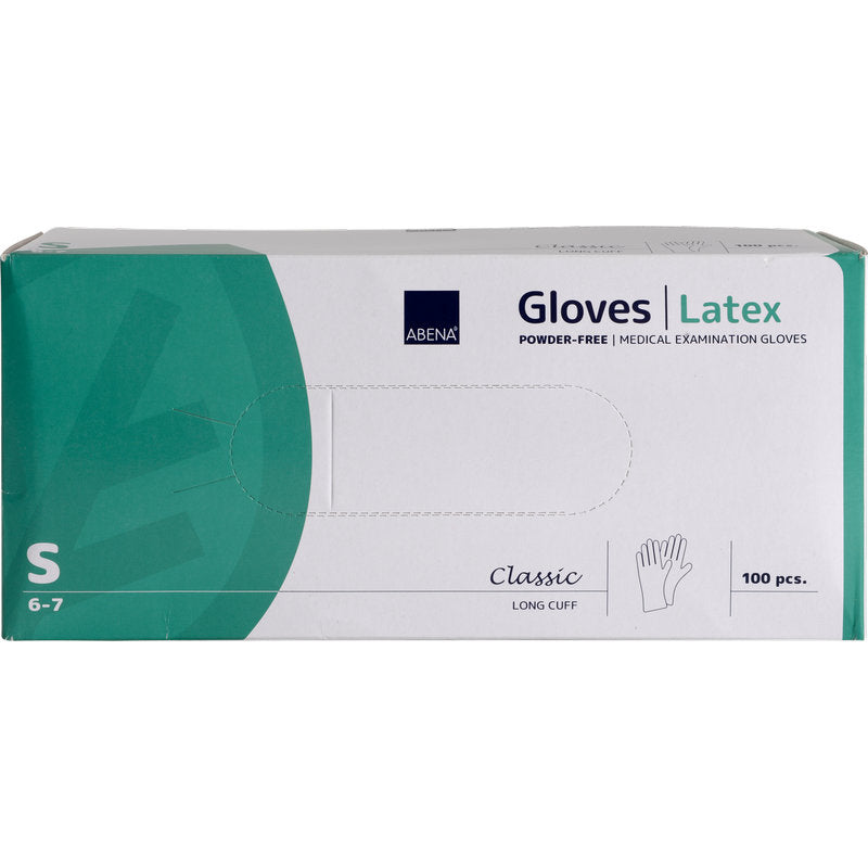 Eine Box Abena Re-Seller GmbH Latex-Handschuhe Classic, Größe Small, puderfrei, lang, natur, 100 Stück. Die weiße Box mit grünen Akzenten ist als "Classic" gekennzeichnet.