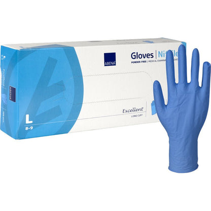 Afgebeeld is een doos Abena Re-Seller GmbH Nitril-handschoenen Excellent, Poedervrij, Lang, Blauw in de maat large, waarbij een blauwe, lange, poedervrije handschoen rechtop naast de wit-blauw geaccentueerde verpakking staat.