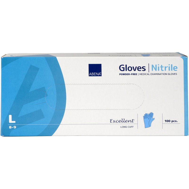 Een doos Abena Re-Seller GmbH Nitril-handschoenen Excellent, maat Large, poedervrij en lang, blauw. Bevat 100 medische handschoenen in overwegend wit-blauwe verpakking met accenten en tekst.