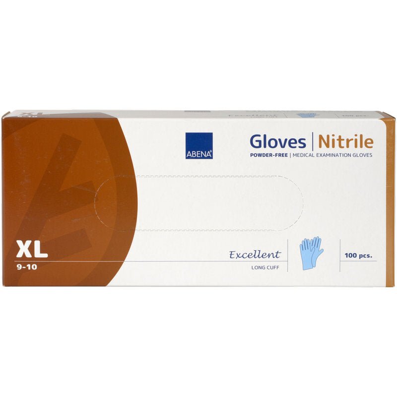 De rechthoekige doos "Nitril-handschoenen Excellent, Poedervrij, Lang, Blauw" van Abena Re-Seller GmbH bevat 100 medische onderzoekshandschoenen in maat XL (9-10) en toont voorop een blauwe handschoen.