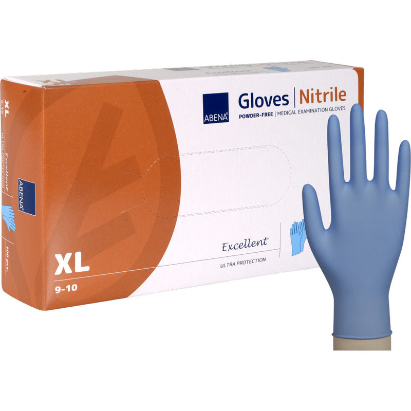 Eine Schachtel Abena Re-Seller GmbH Nitril-Handschuhe Excellent, puderfrei, blau in XL, mit einem blauen Handschuh, der aufrecht daneben steht. Auf der Verpackung steht "Excellent Ultra Protection".