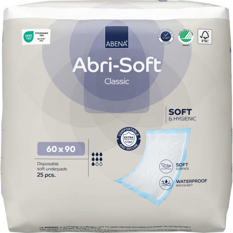 Een 25-pack van de Abena Re-Seller GmbH wegwerp-onderlegger Abri-Soft Classic, 60x90 cm, blauw biedt zachtheid, hygiëne, waterdichte onderlegger en extra absorptievermogen.