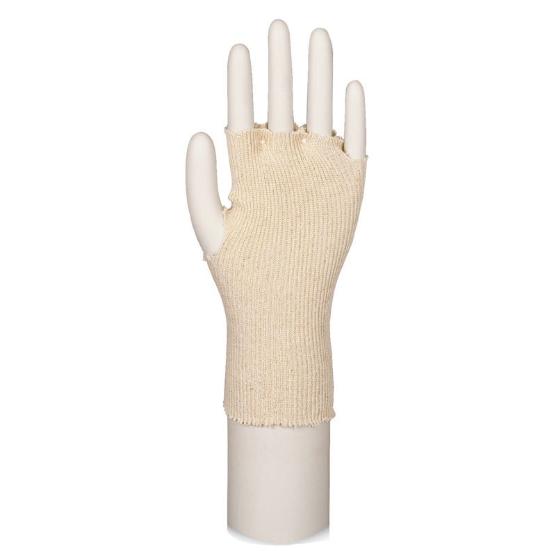 De katoenen handschoenen zonder vingers, One-Size | Verpakking (24 stuks) van Abena Re-Seller GmbH zijn afgebeeld op een witte handpop en bedekken de pols en handpalm - ideaal voor gevoelige handen, waarbij de vingers vrij blijven.