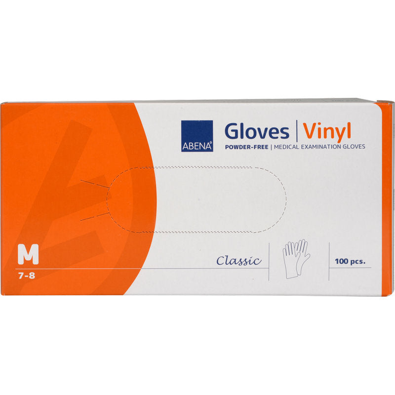 Eine rechteckige Box der Abena Re-Seller GmbH Vinyl-Handschuhe Classic, Puderfrei, Transparent, Größe medium (7-8), enthält 100 Einmalhandschuhe. Die orange-weiße Schachtel zeigt auf der Vorderseite Produktinfos und eine Handabbildung.