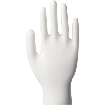 Eine weiße, aufrechte rechte Schaufensterpuppe mit ausgestreckten Fingern zeigt Abena Re-Seller GmbH Vinyl-Handschuhe Classic, puderfrei, transparent vor einem unifarbenen Hintergrund.