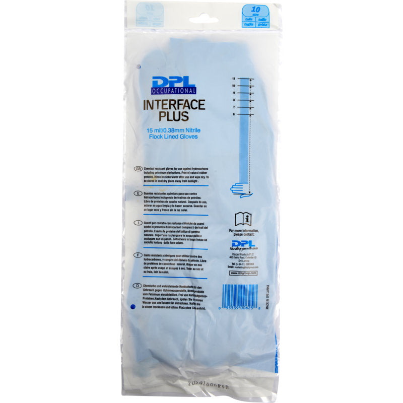 Een doorzichtige kunststofverpakking bevat Abena Re-Seller GmbH huishoudhandschoenen nitril, blauw, maat 10, met flocking, met productinformatie en instructies aan de voorkant in blauwe en zwarte letters.