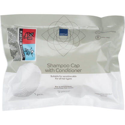Een verzegelde verpakking van Abena Re-Seller GmbH bevat een witte shampoo-kap (ø 32 cm), dermatologisch getest, geschikt voor de gevoelige huid en alle haartypen - ideaal voor gebruik zonder uitspoelen (haar wassen zonder water).