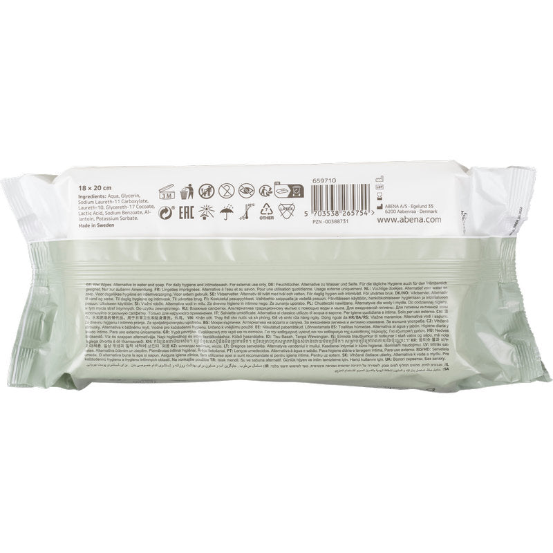 Een verpakking van de Abena Re-Seller GmbH uitloopartikelen: Abena vochtige verzorgingsdoekjes (softbox met kunststofdeksel, 80 doekjes) met tekst, barcode en symbolen op de achterkant - perfect voor de zachte reiniging en hygiëne onderweg.