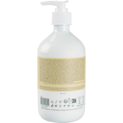 Witte kunststof pompflacon met beige etiket op de achterkant met productinformatie, ingrediënten en recycling-symbolen voor Abena Re-Seller GmbH handcrème, 21% vetgehalte, licht geparfumeerd.