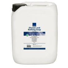 Weiße 5.000-ml-Kunststoffflasche mit schwarzer Kappe und der Aufschrift "Abena Re-Seller GmbH Dusch- und Badeseife, leicht parfümiert" sowie blauer und weißer Schrift mit Anwendungshinweisen. Verkauft im Karton (2 Packungen).