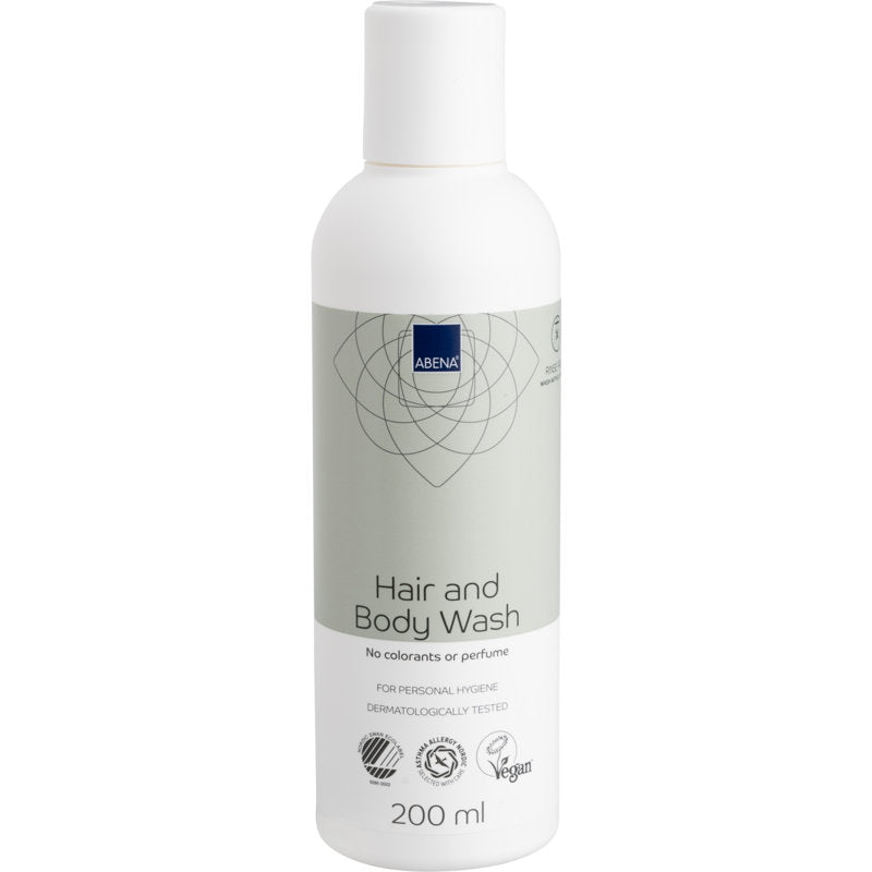 Een witte en lichtgrijze 200 ml fles Abena Re-Seller GmbH Haar- en lichaamsshampoo "Wassen zonder water" voor lichaamsverzorging, veganistisch, dermatologisch getest en vrij van kleurstoffen en parfum. Verkrijgbaar in een doos met 6 verpakkingen.