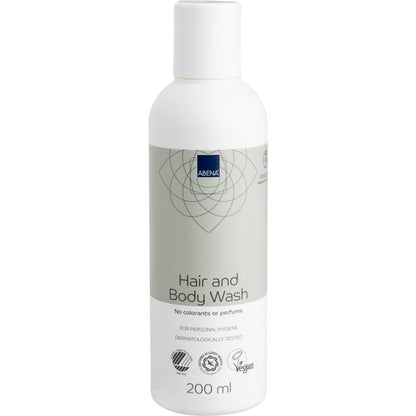 Een witte en lichtgrijze 200 ml fles Abena Re-Seller GmbH Haar- en lichaamsshampoo "Wassen zonder water" voor lichaamsverzorging, veganistisch, dermatologisch getest en vrij van kleurstoffen en parfum. Verkrijgbaar in een doos met 6 verpakkingen.