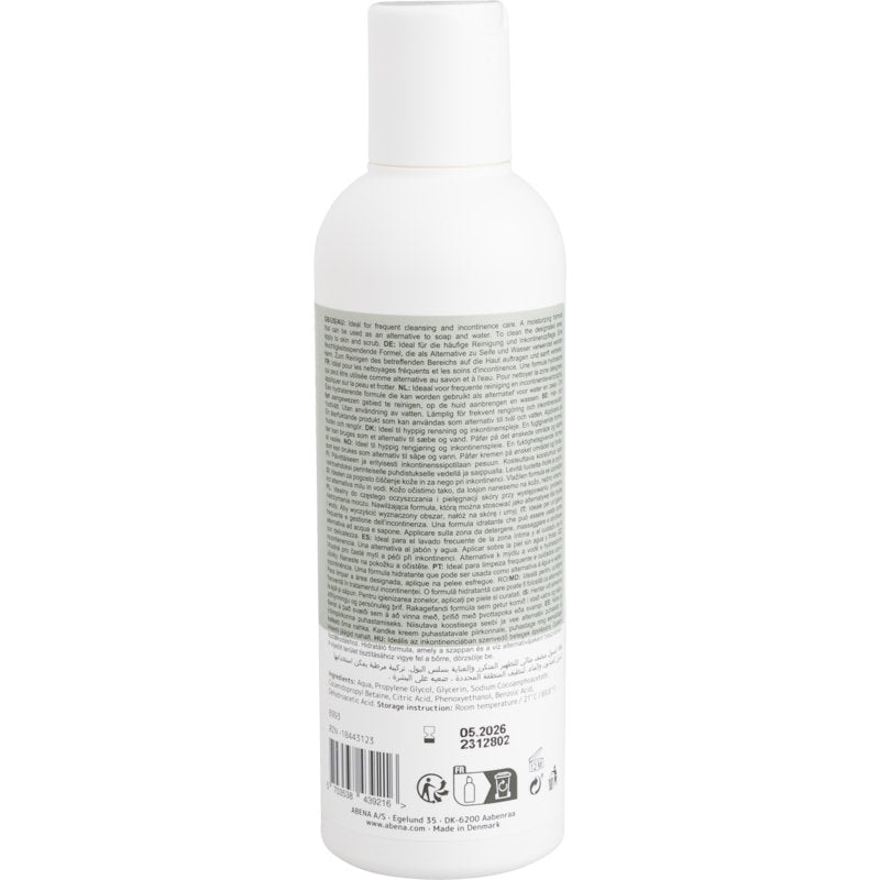 Witte kunststof fles met witte dop, van achteren gezien. Het etiket bevat informatie en aanwijzingen over Abena Re-Seller GmbH Haar- en lichaamsshampoo "Wassen zonder water", 200 ml | Doos (6 verpakkingen), evenals recycling- en barcodesymbolen.