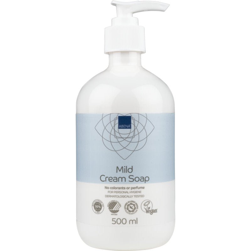 Een witte kunststofpompflacon met het opschrift "Milde Cremeseife ohne Parfüm" van Abena Re-Seller GmbH, die een blauw-wit ontwerp heeft. Het 500 ml product is dermatologisch getest, veganistisch en heeft certificeringen op het etiket.