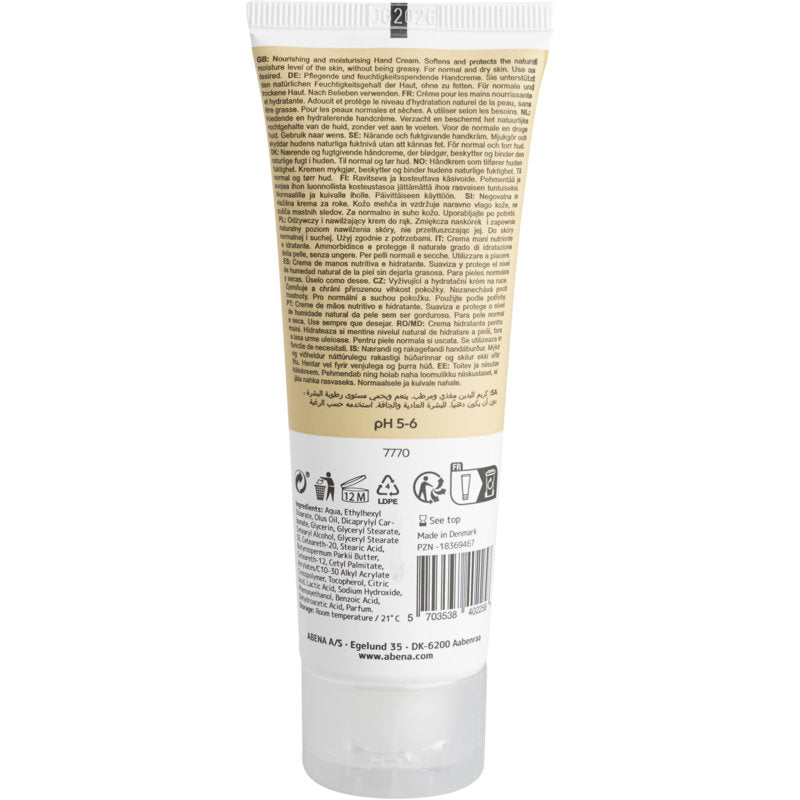 Eine Tube der Abena Re-Seller GmbH Handcreme (21% Fettgehalt, leicht parfümiert) ist von hinten abgebildet, mit Produktinformationen, Anleitungen und Inhaltsstoffen in mehreren Sprachen sowie Verwendungs- und Recycling-Symbolen am unteren Rand.